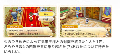 虫のひらめきによって見事王様との対面を終えた1人と1匹。どうやら数々の困難を共に乗り越えた(?)あなたについて行きたいらしい。