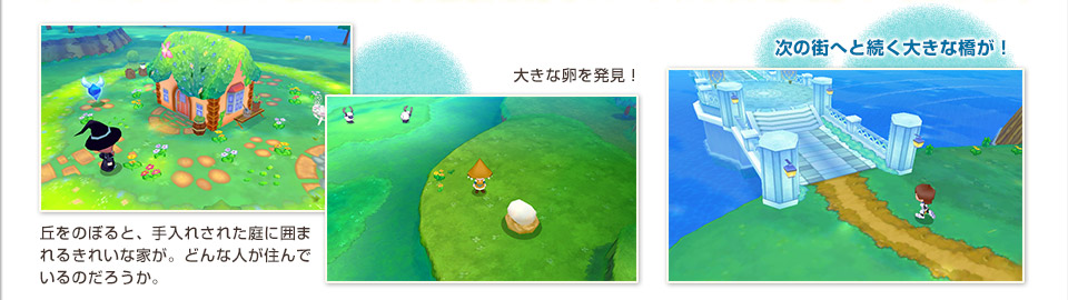 丘をのぼると、手入れされた庭に囲まれるきれいな家が。どんな人が住んでいるのだろうか。／大きな卵を発見！／次の街へと続く大きな橋が！