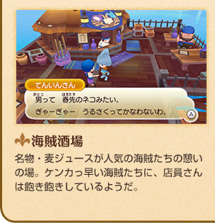 海賊酒場 名物・麦ジュースが人気の海賊たちの憩いの場。ケンカっ早い海賊たちに、店員さんは飽き飽きしているようだ。　